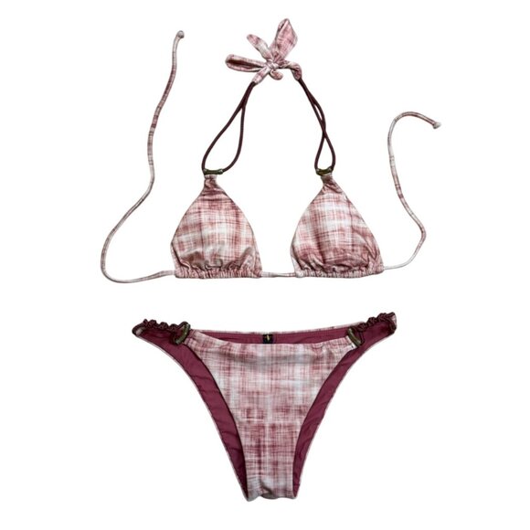 Vix Paula Hermanny Plaid Brazilian Triangle Bikini Set Burgundy Pink XS - Picture 1 of 10
